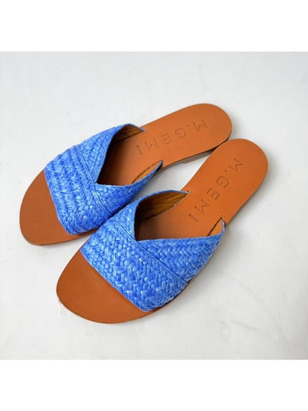 M.Gemi The Marisa Sandals Womens Size 37.5 Blue Tan Woven Raffia Leather Slides